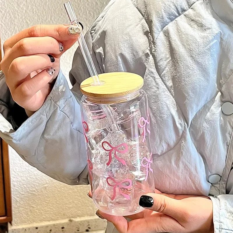 500ml Pink Bow Print Water Bottle Mason Jar Shaped Water Bottle With Lids Plastic Cup Pink Bowknot Tumbler Cup Coffee Juice Cup