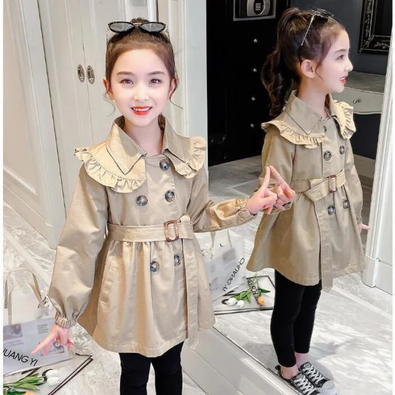 

Girls Spring and Autumn Korean Windbreaker Fashion Belt Double-breasted Children's Coat Little Girl Casual Autumn Clothes 7 9 8T