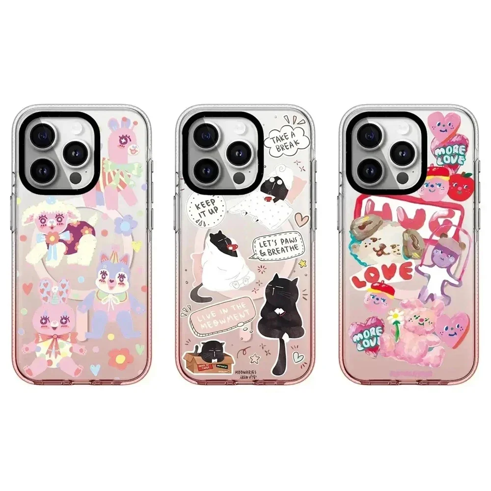 

Pink Gradient Transparent Border Dog Cat Rabbit Graffiti iPhone 13 14 15 Pro Max Case - Protective iPhone Case