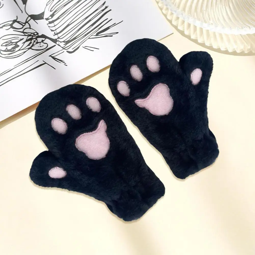 Pattern Gloves Warm Cozy Cartoon Cat Paw Mittens for Women Thick Plush Winter Gloves with Anti-slip Grip for Skiing Cycling