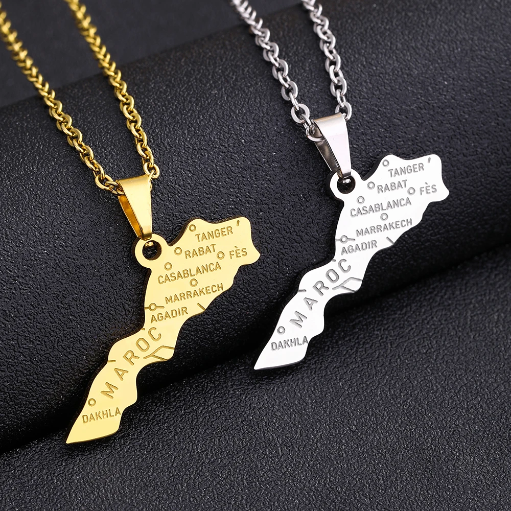 Africa Regno Del Marocco Mappa Città Ciondolo Collana Oro Argento Colore Uomo Donna Maroc Country Map Gioielli Regalo