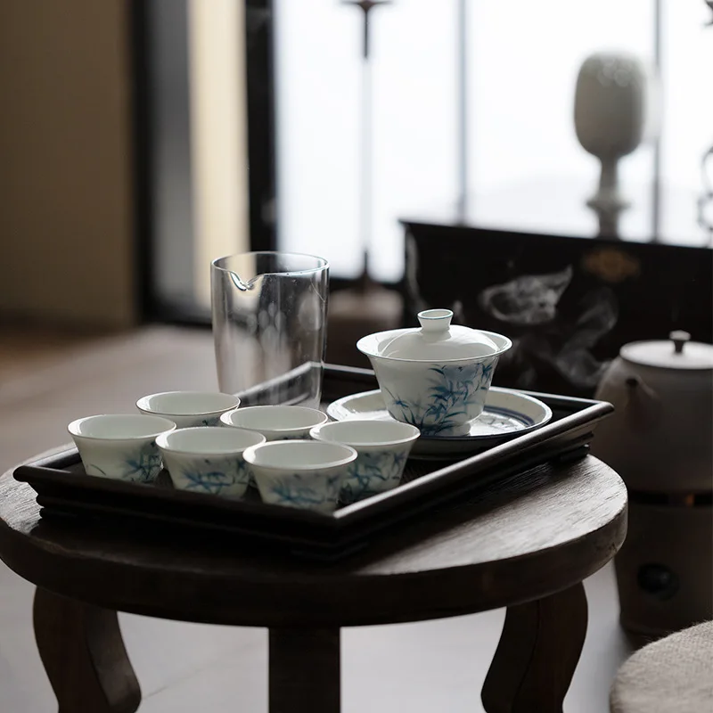 Hand-painted Blue and White Cover Bowl Kung Fu Tea Set Manual Thin Bag Silver Rimmed Tea Cup Sample Cup