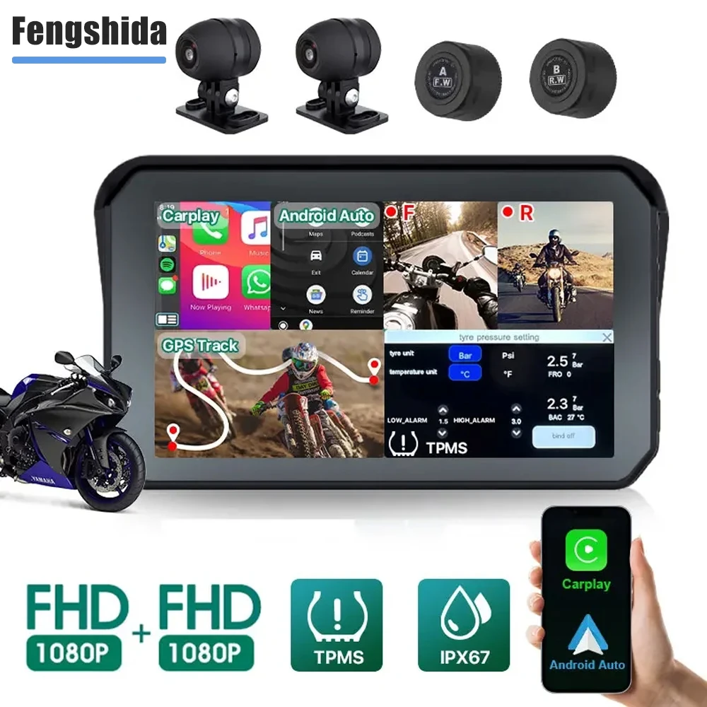 

5 inch Motorcycle Wireless Apple Carplay DVR 1080P IPX7 Waterproof Camera Display Portable GPS Navigation Android Auto GPS TPMS