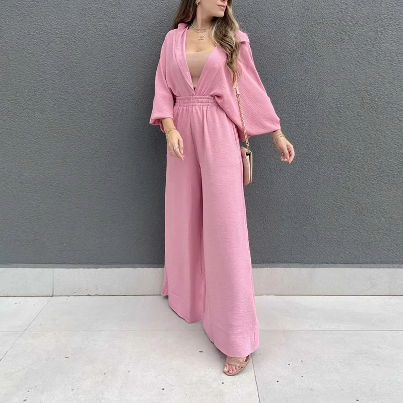 2023 New Fashion Casual Set Temperament Solid Color Single breasted Lantern Sleeve Shirt Pants Long Sleeve Casual Pants