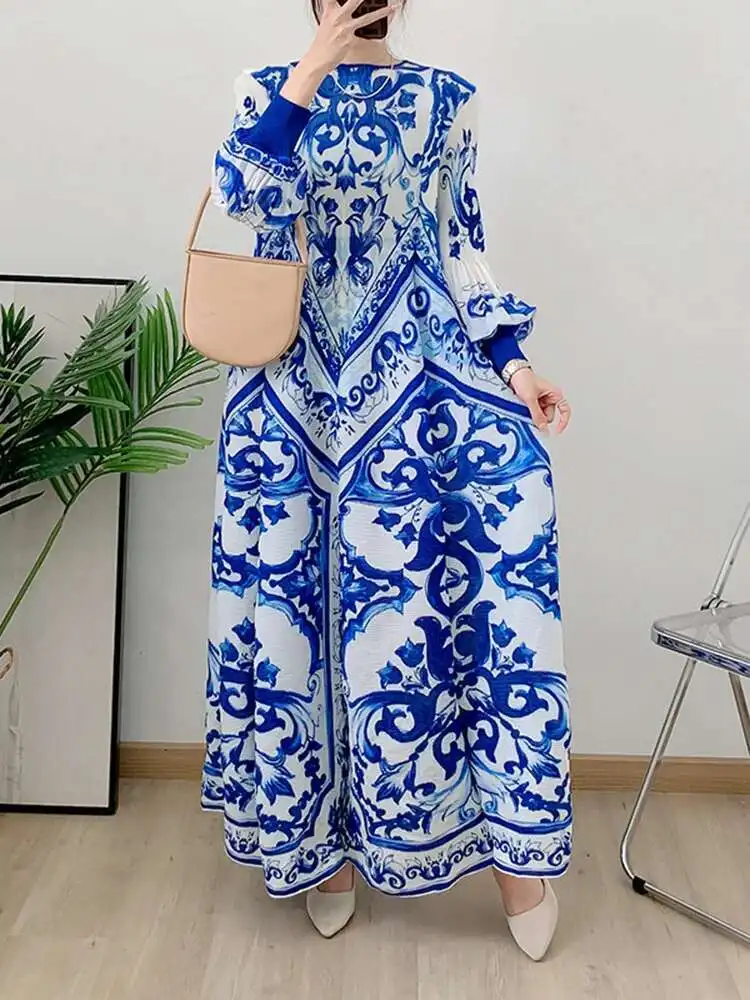 LANMREM Pleated Print Dress Women's O-neck Lantern Sleeves Color Contrast Elegant Long Dresses 2025 Spring New Clothing 2Z2990 - Image 2