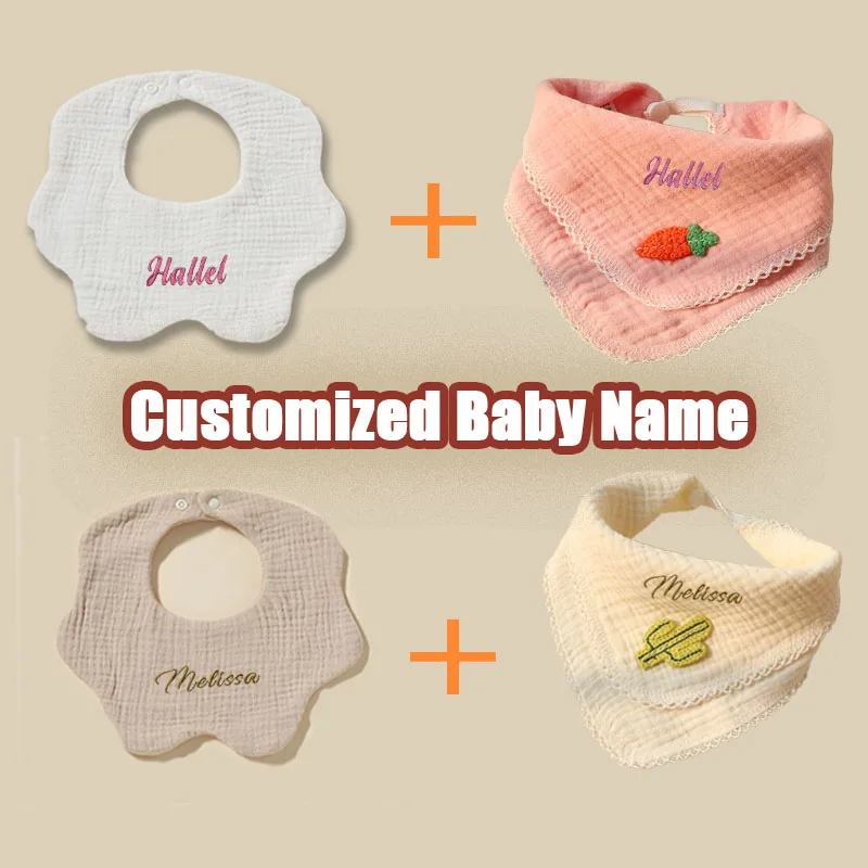 

2pcs Set Personalized Baby Bibs New Cotton Gauze Infant Bib Newborn Burp Cloths Scarf for Kid Boy Girl Feeding Saliva Towel Gift