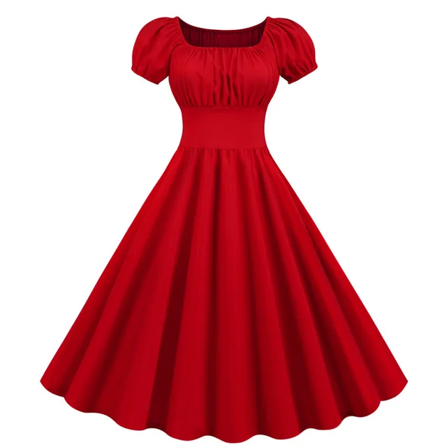 Red Square Neck Summer Dress Women V Neck Big Swing Vintage Dress 1