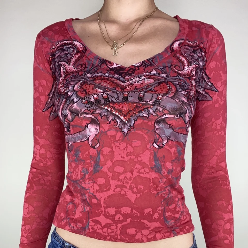 

Y2K Aesthetic Summer Women Love Vings Print T-shirt 00s Vintage Graphic Long sleeve Tee Gothic E-girl Emo Crop Top Streetwear