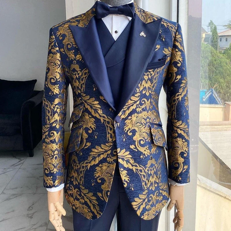 Jacquard Floral Tuxedo Suits For Men Wedding Slim Fit Navy Blue And Gold Gentleman Jacket With Vest Pant 3 Piece Male Costume