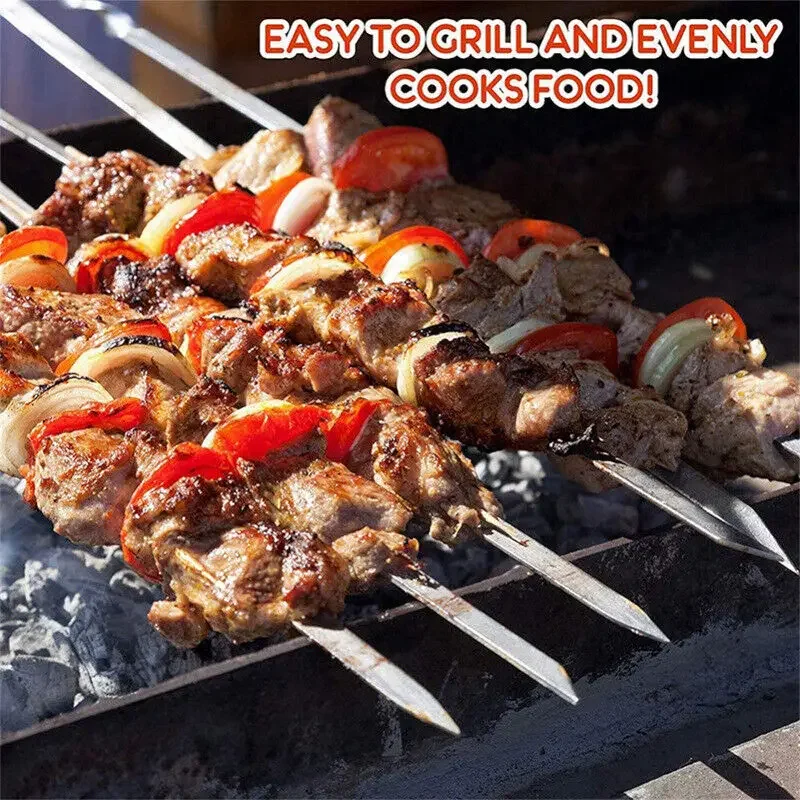 12Pcs Metal Barbecue Skewer Flat Sticks Outdoor Camping Picnic Meat Vegetable Grill BBQ Skewers Sticks Kitchen Accessories