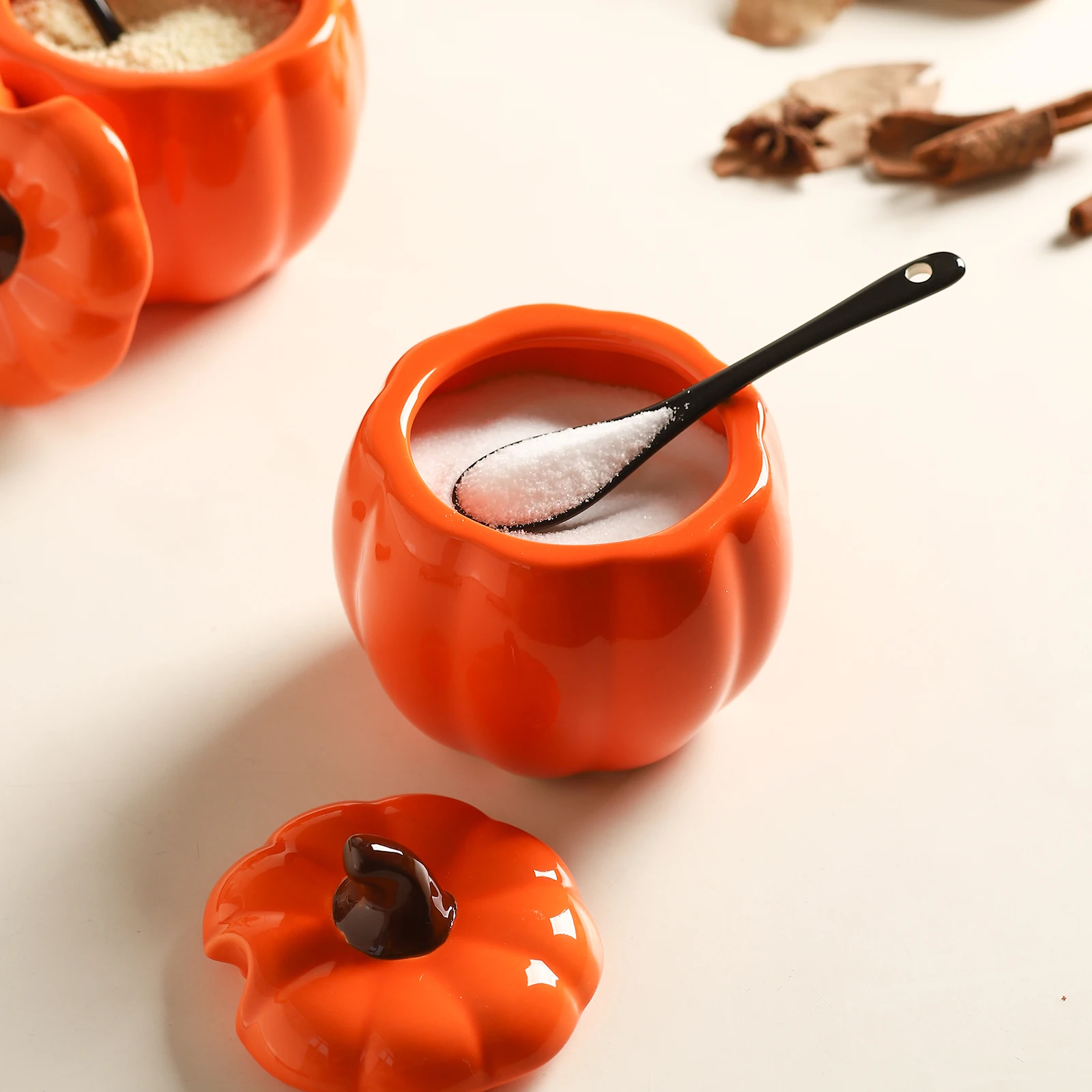 Description Picture 6 of itemCreative Pumpkin Ceramic Seasoning Jar Set with Spoon Salt Sugar Bowl Msg Pepper Edible Oil Container Kitchen Supplies