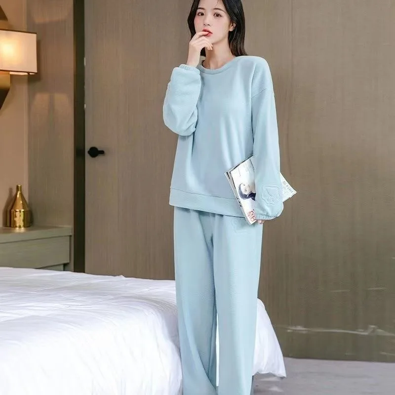 Autumn Winter Couples Pajamas Men Women Double Sided Velvet Pyjamas Warm Casual Home Wear Set Sports Style Round Neck Nightdress