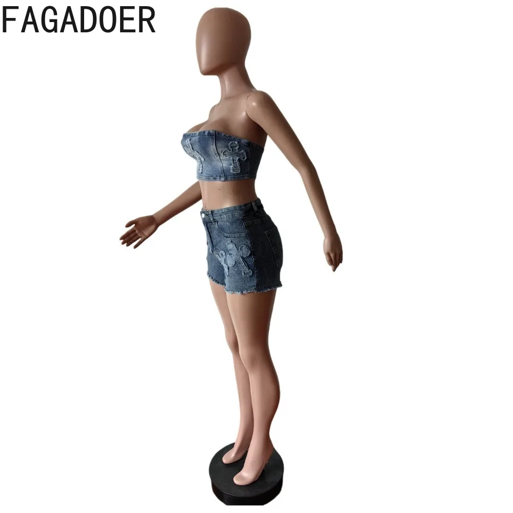 FAGADOER Fashion Retro Embroidery Elasticity Jean Shorts Two Piece Sets Women Sleeveless Backless Tube And Shorts Denim Outfits