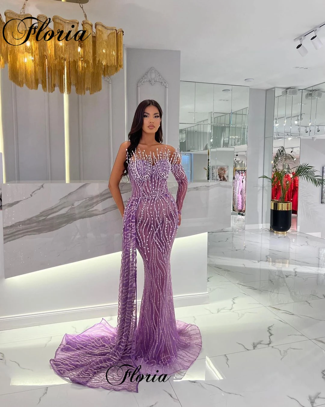 

2023 New Fashion Purple Evening Dresses Mermaid Sweetheart Pearls Illusion Prom Party Dresses Robes De Soirée Birthday Dresses