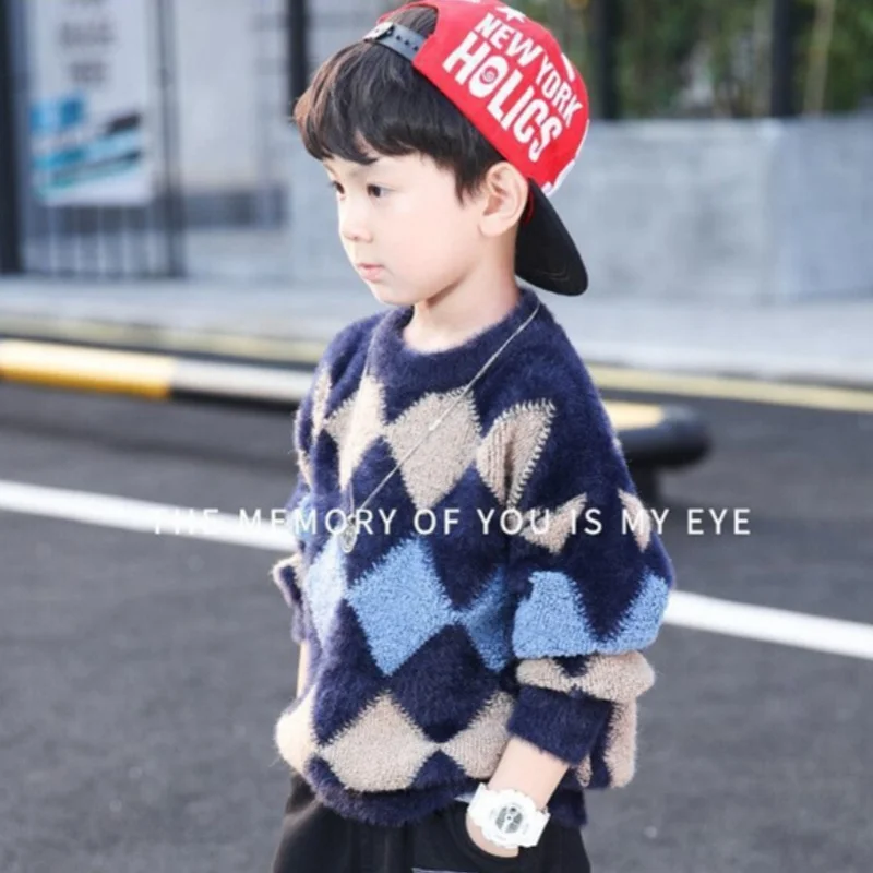 

Свитер для мальчиков, шерстяное пальто, детские топы, вязаные клетчатые весенне-осенние пуловеры из плотной хлопчатобумажной ткани 2024, детская одежда для подростков