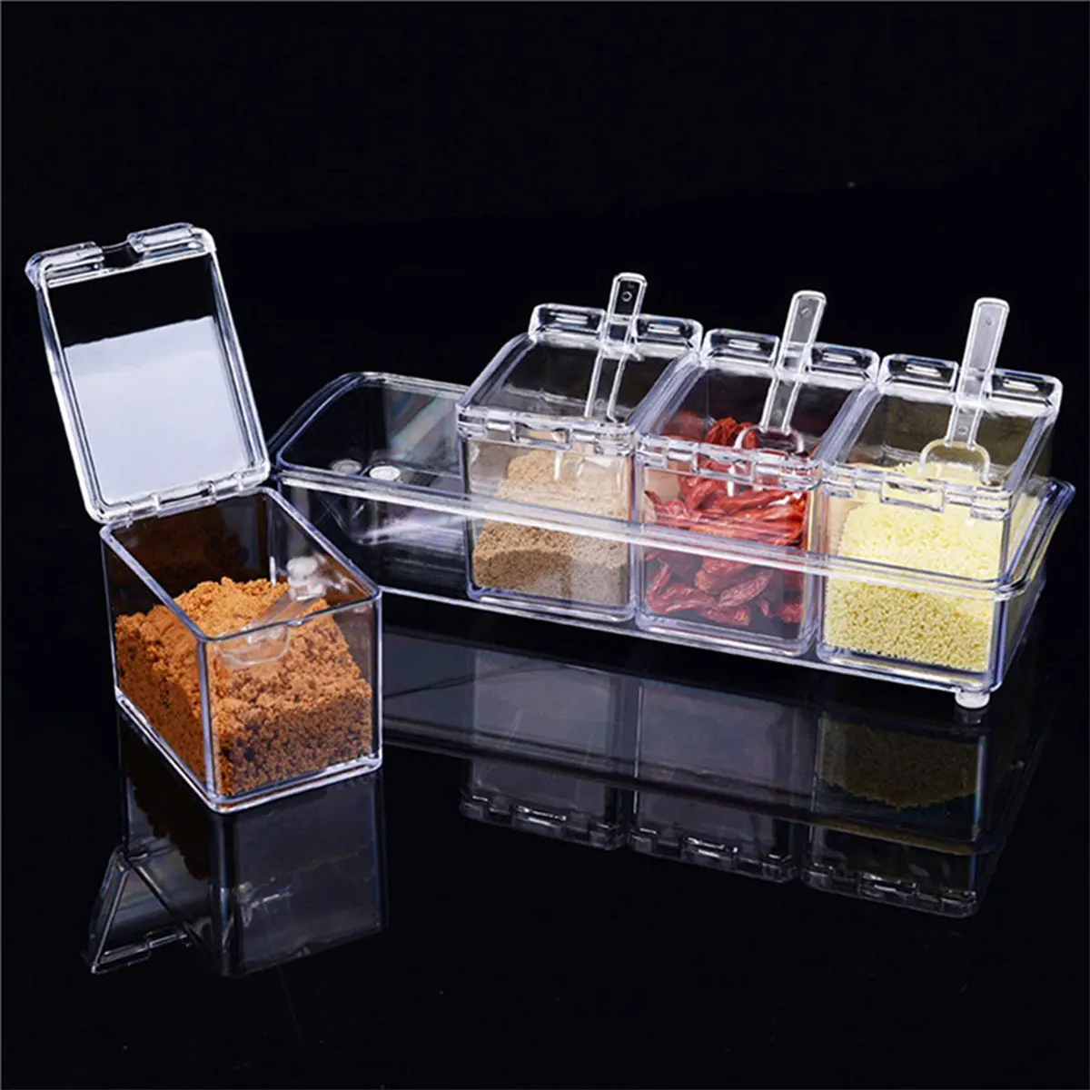 4 Grid Transparent Seasoning Box Spice Pot Sealed Spice Container Kitchen Condiment Jar Lid Spoon Salt Sugar Cruet spices bottle seasoning jar