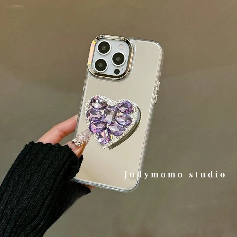 Luxury Diamond Heart Holder Metal Camera Makeup Mirror Case