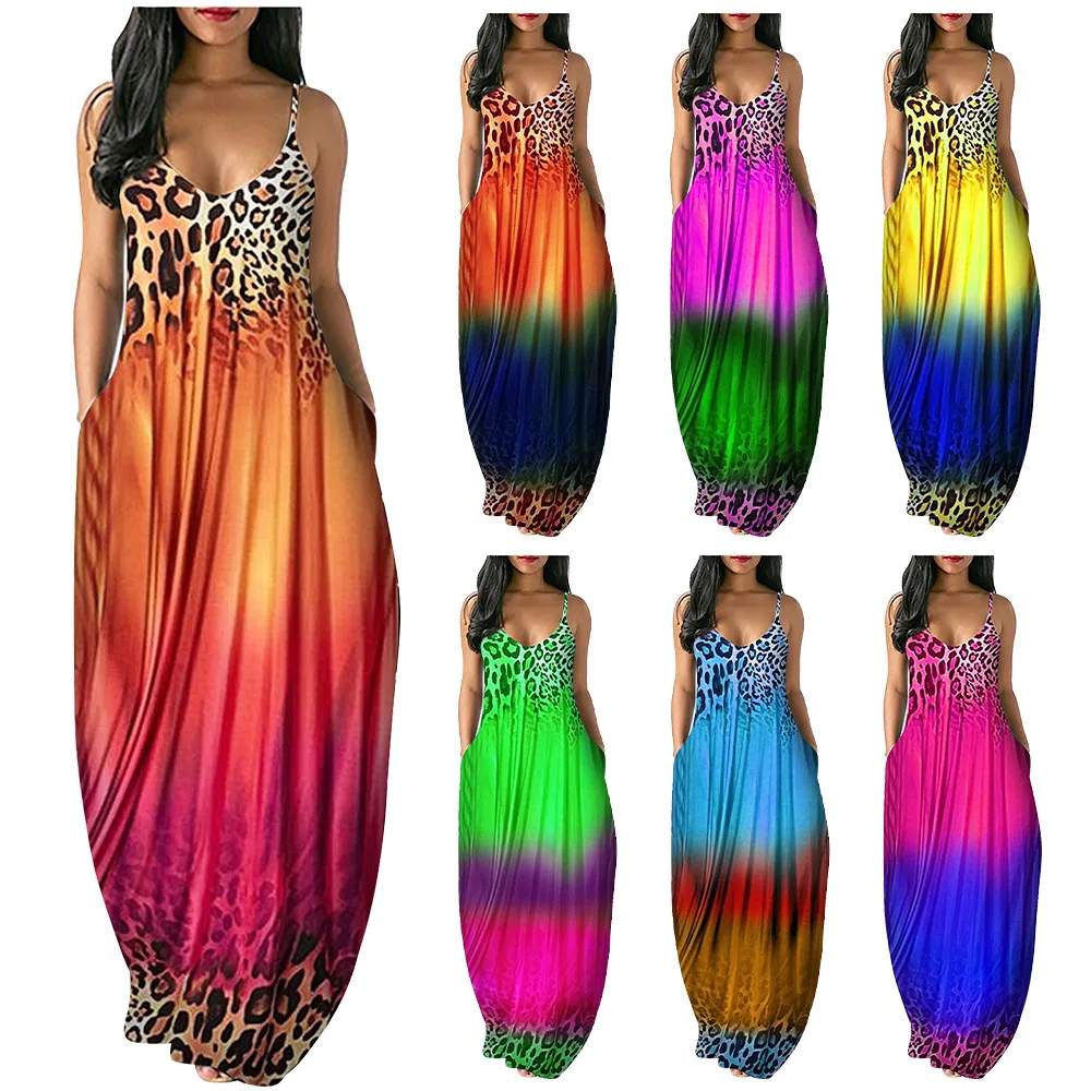 

Casual Leopard Gradient Print Dress with Gradient Color Suspender Dress Loose Skirt Loose Waist Sleeveless Long Dresses