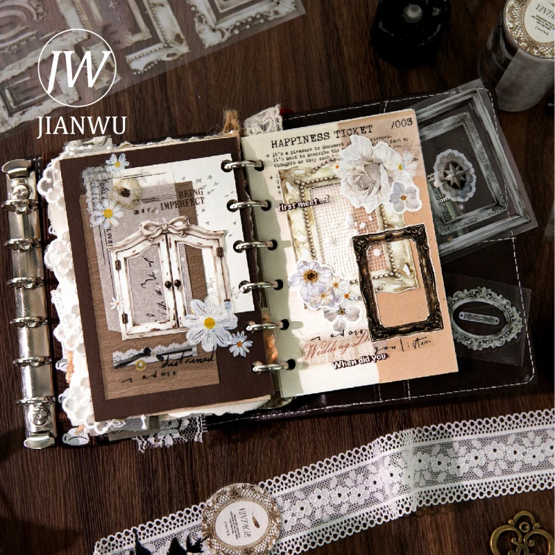 JIANWU 레트로 보더 시리즈 빈티지 바로크 프레임 풍경 소재 콜라주 스크랩북킹 PET 테이프 크리에이티브 저널 문구류
