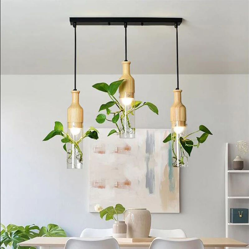 Plant pendant lamp wood glass Bottle Pendant Light Fixture DIY Home Decoration Restaurant Bar E27 hanging lamp