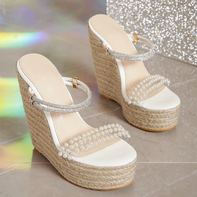 Women Wedge Shoes 2024 New Summer Fashion Pearl Decoration Toe Open Toe Platform Heels Comfortable Casual Slope Sandals 15cm 4