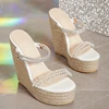 Women Wedge Shoes 2024 New Summer Fashion Pearl Decoration Toe Open Toe Platform Heels Comfortable Casual Slope Sandals 15cm 4