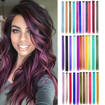 10PCS/Pack Colored Party Highlights Clip in Hair Extensions for Girls 22 Inches Omber colors Straight Hair Synthetic Hairpieces