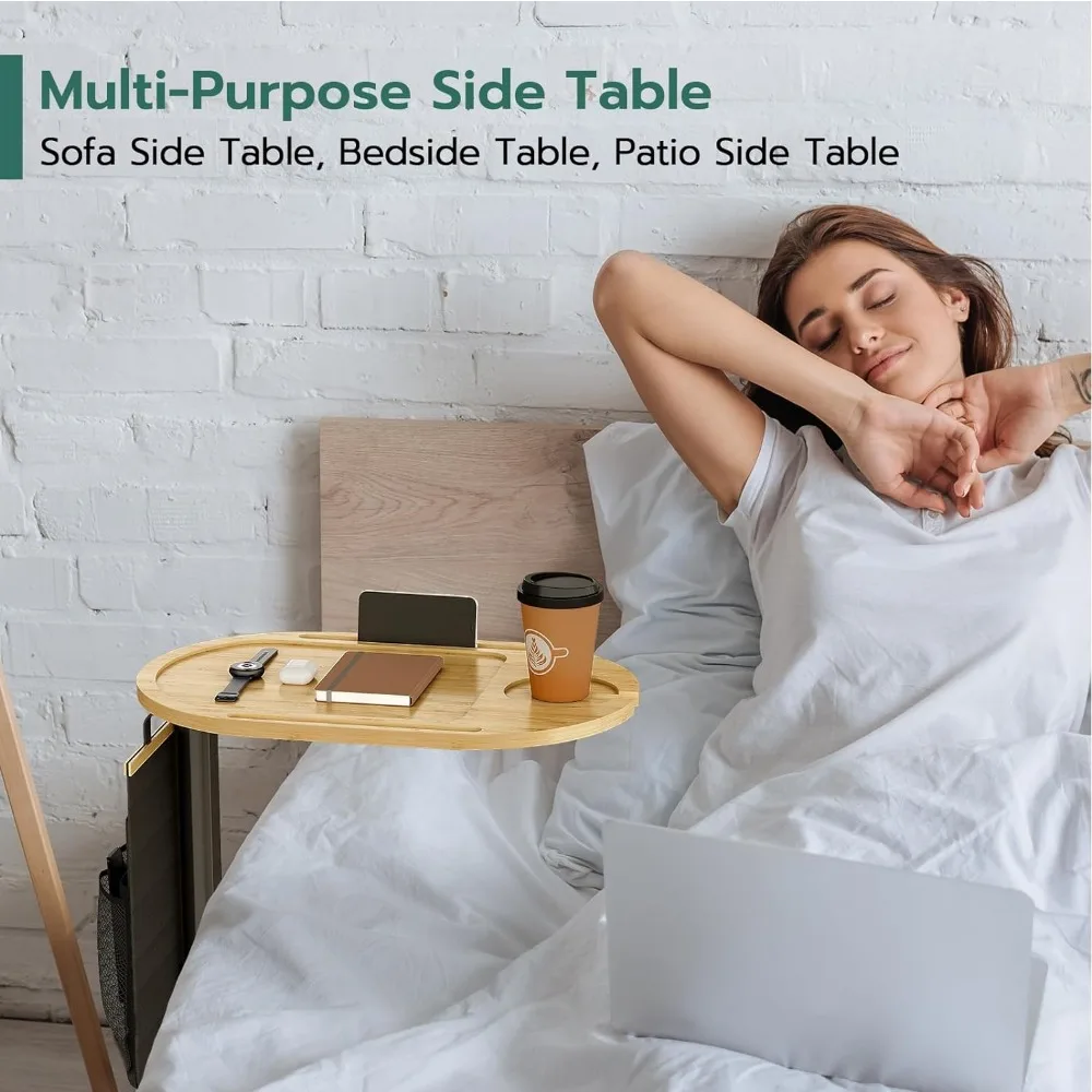 Yufoi Side Adjustable Heights, Bamboo Sofa With Storage Pocket, Liftable Couch Arm Tray Table