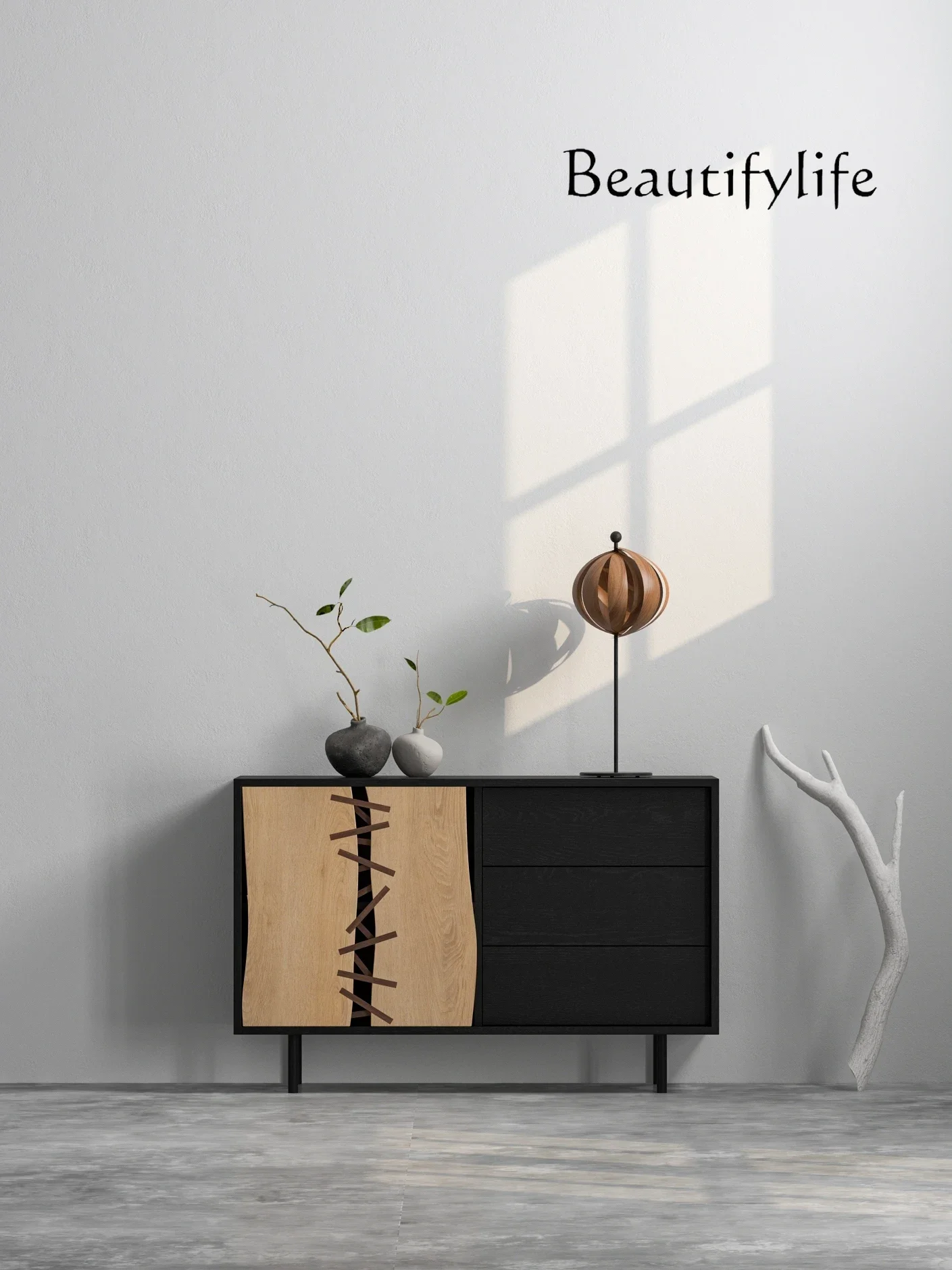 

Entrance Cabinet Nordic Solid Wood Minimalist Wood Color Living Room Silent Wind Black Storage Cabinet