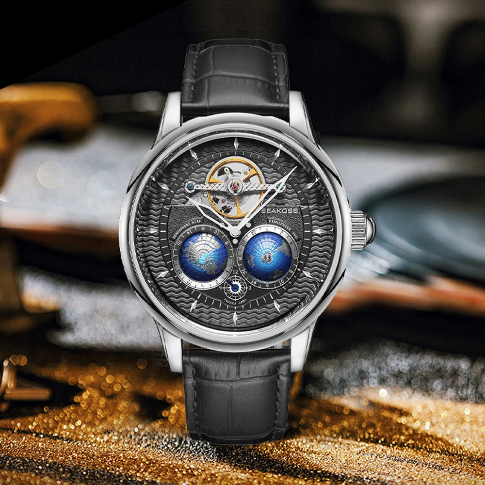 Orologio Uomo Automatico Di Lusso Con Doppio Globo 3D E Volano – Cassa Acciaio, Impermeabile 30m - 2