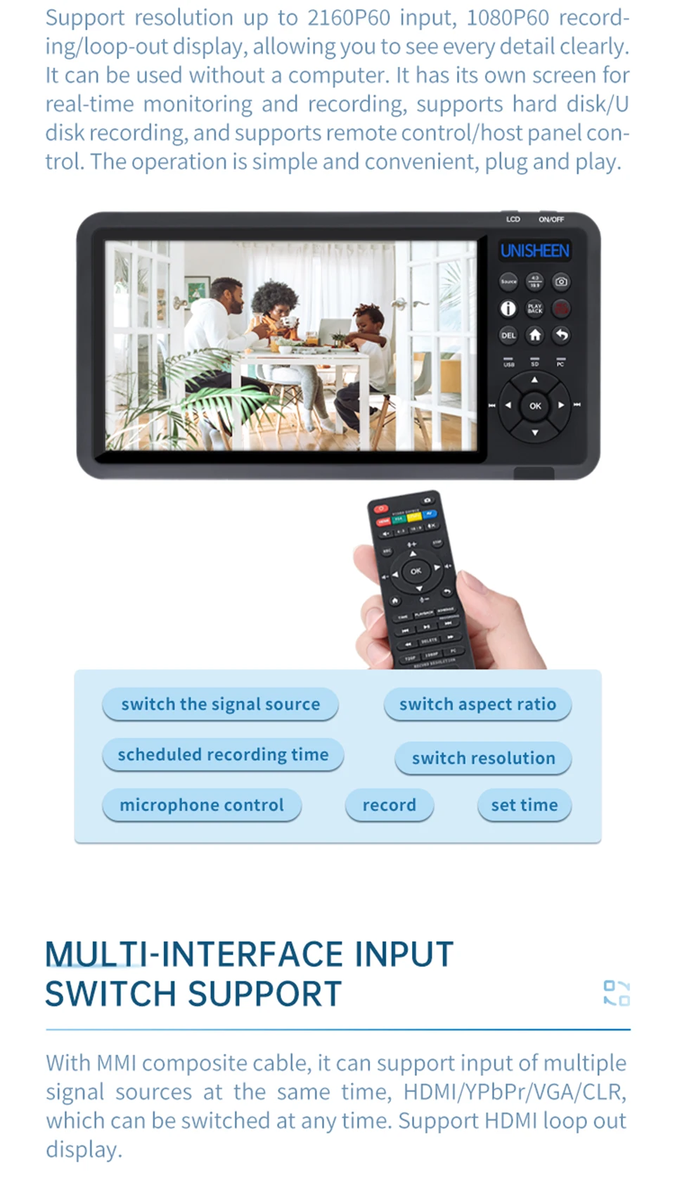 Hot-Sale Video Record StandAlone Monitor Endoscop 2 Channel 4K PIP Camera RCA HD