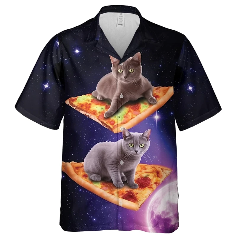 Men Animal Funny Cat 3D Print Short Sleeve Casual Blouse Single-Breasted Hawaiian Shirt Cat Top