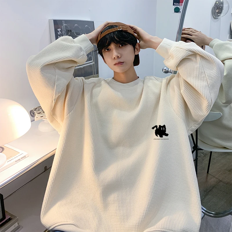 

2023 Large Size Men's Autumn and Winter New Trend Waffle Cat Print Loose Casual Round Collar Couple Sweatshirt