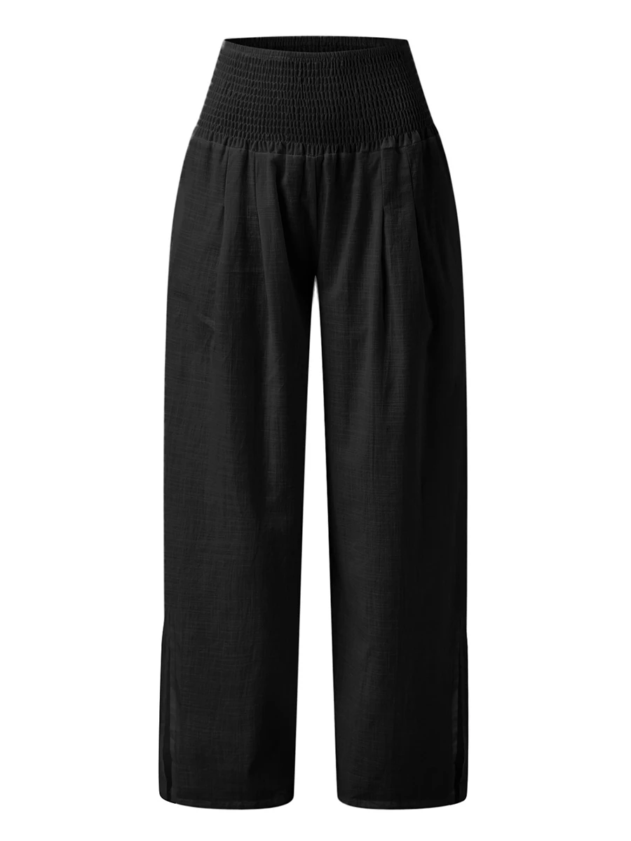 

Loose Fit Linen Palazzo Pants for Women - High Waisted Flowy Trousers with Pockets and Side Slits Perfect for Summer Beach or