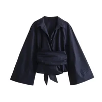 New Women's Fashion Casual Polo Neck Bow Tie up Short Edition Double Breasted Poplin Shirt - Image 2