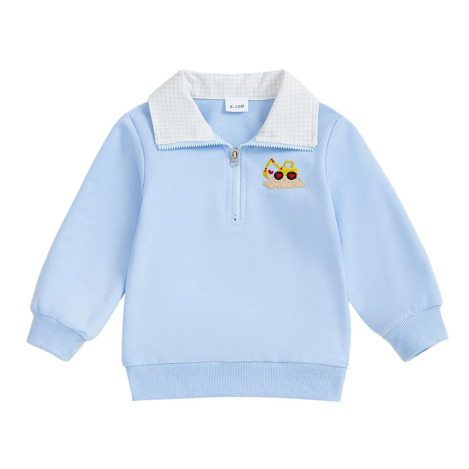 Infant Boy s Plaid Half Zip Up Sweatshirt with Dinosaur Embroidery and Turn Down Collar for Fall Season Comfort