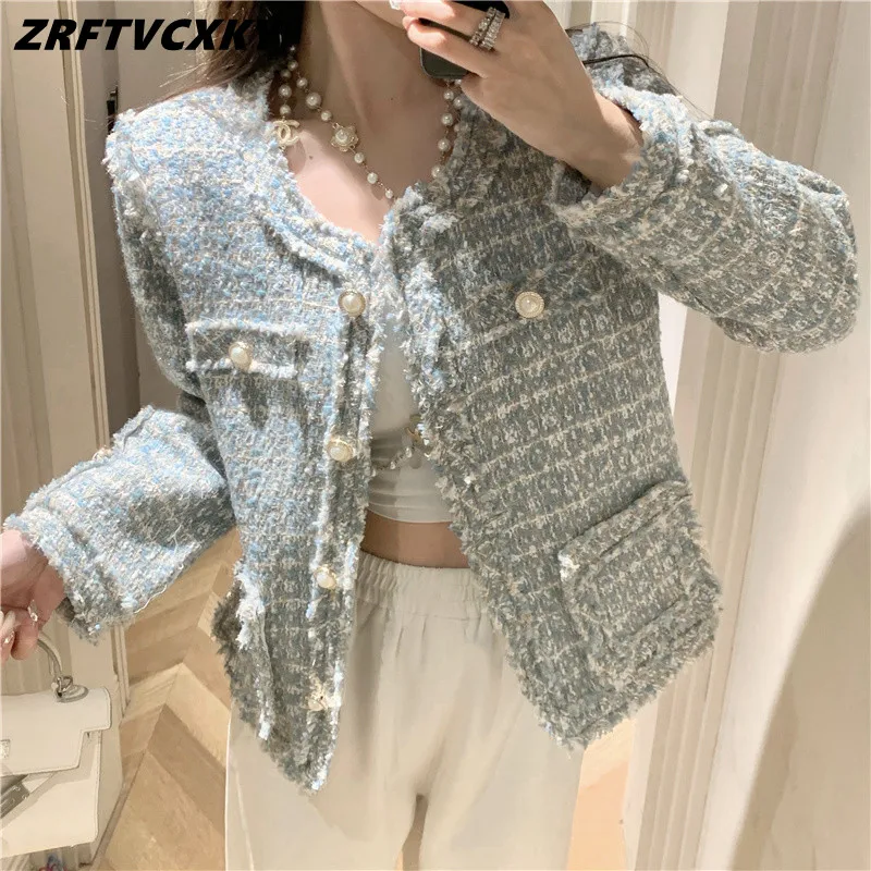 

High Quality Korean Vintage Tweed Jacket Coat Women Autumn Fashion Tassel Single Breasted Plaid Woolen Lady Casual Outwear Top