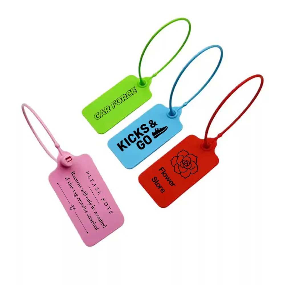 100Pcs 맞춤 의류 행택 개인화 된 플라스틱 보안 씰 인쇄 의류 신발 의류 가방 제품 로고 선물 라벨 220mm