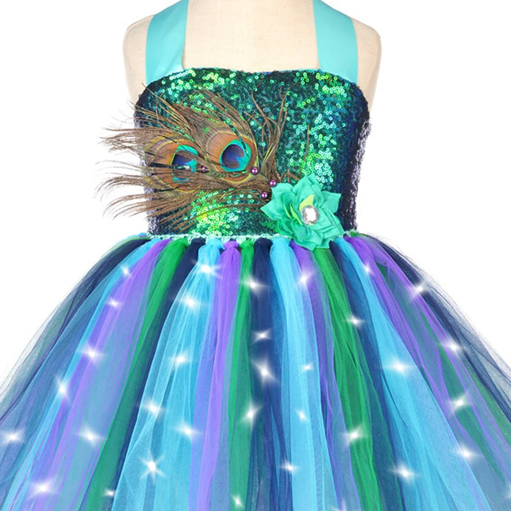 Disfraz de pavo real con luz Led para niñas, vestido de tutú de