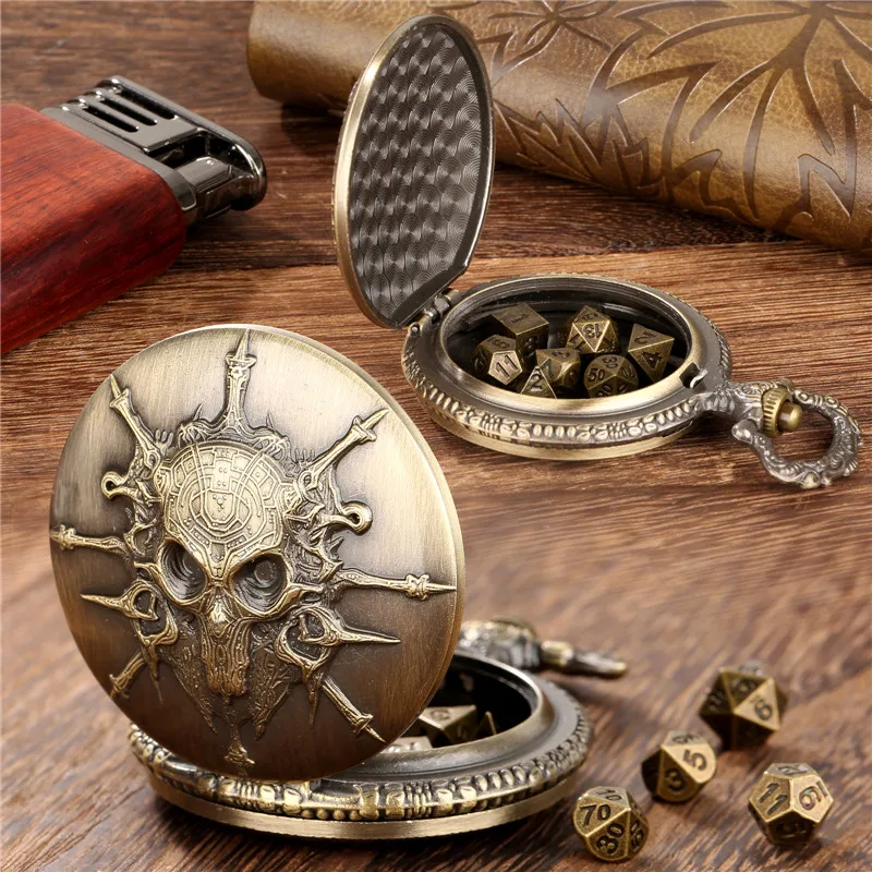 Antique 7pcs/set Metal Gaming Dice with Skull Pattern Pocket Watch Case FOB Chain Dragon Games Accessory Dices