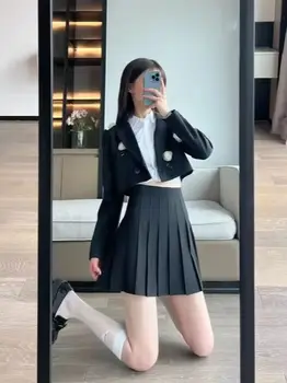Black Pleated Mini Skirt Women's Summer Tennis Skirt Slimming High Waist A- Line Half-length Skirt for Young Girls Polyester Fib