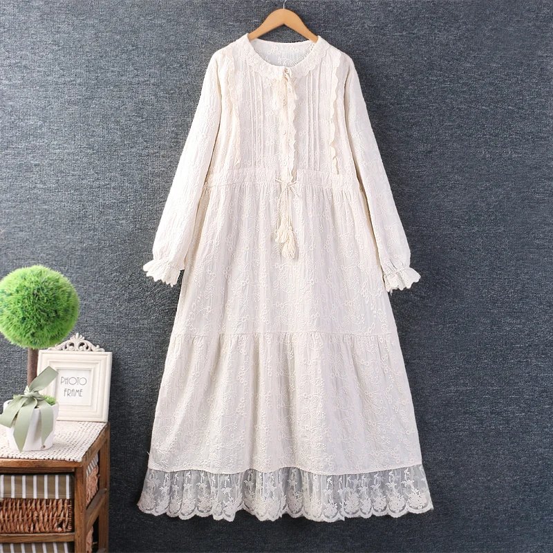 

Spring Mori Sweet Girl Solid Embroidered Dress Japan Style Lolita Fairy Long Sleeve Midi Dress 824-610
