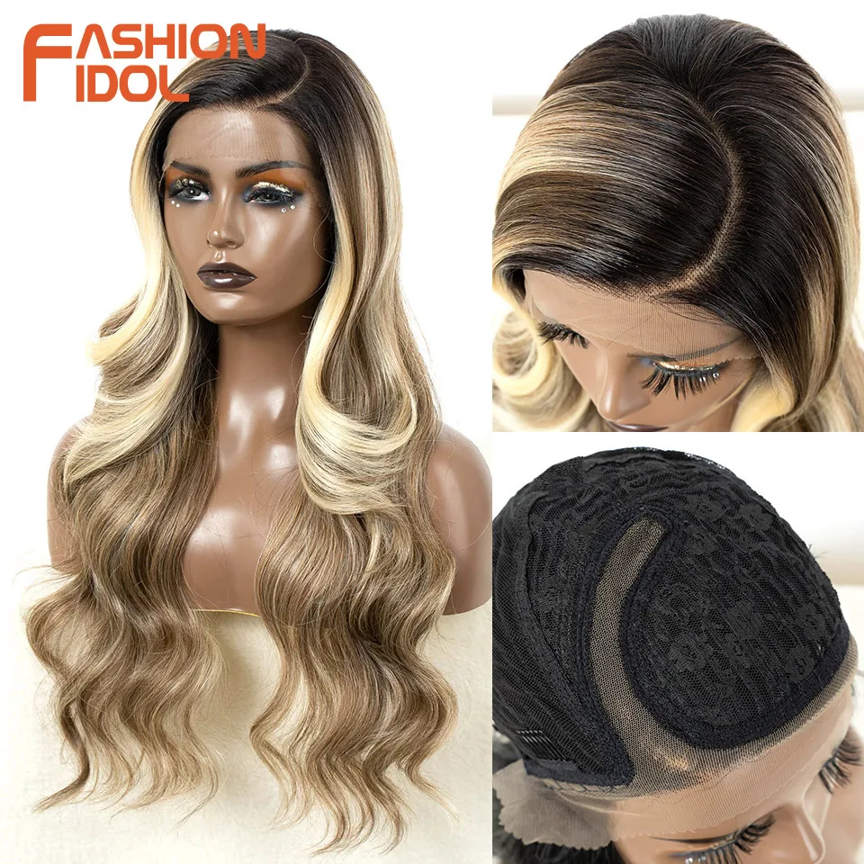 

FASHION IDOL Synthetic Lace Front Wigs for Women 26 Inch C Part Wig Ombre Brown Color Body Wave Lace Wigs Highlight Cosplay Wig