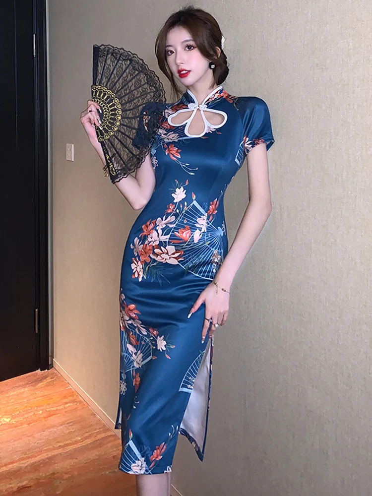 

Cheongsam Young Girl Republic of China Style Elegance Retro Printed Long Slit Sexy New Chinese Dress