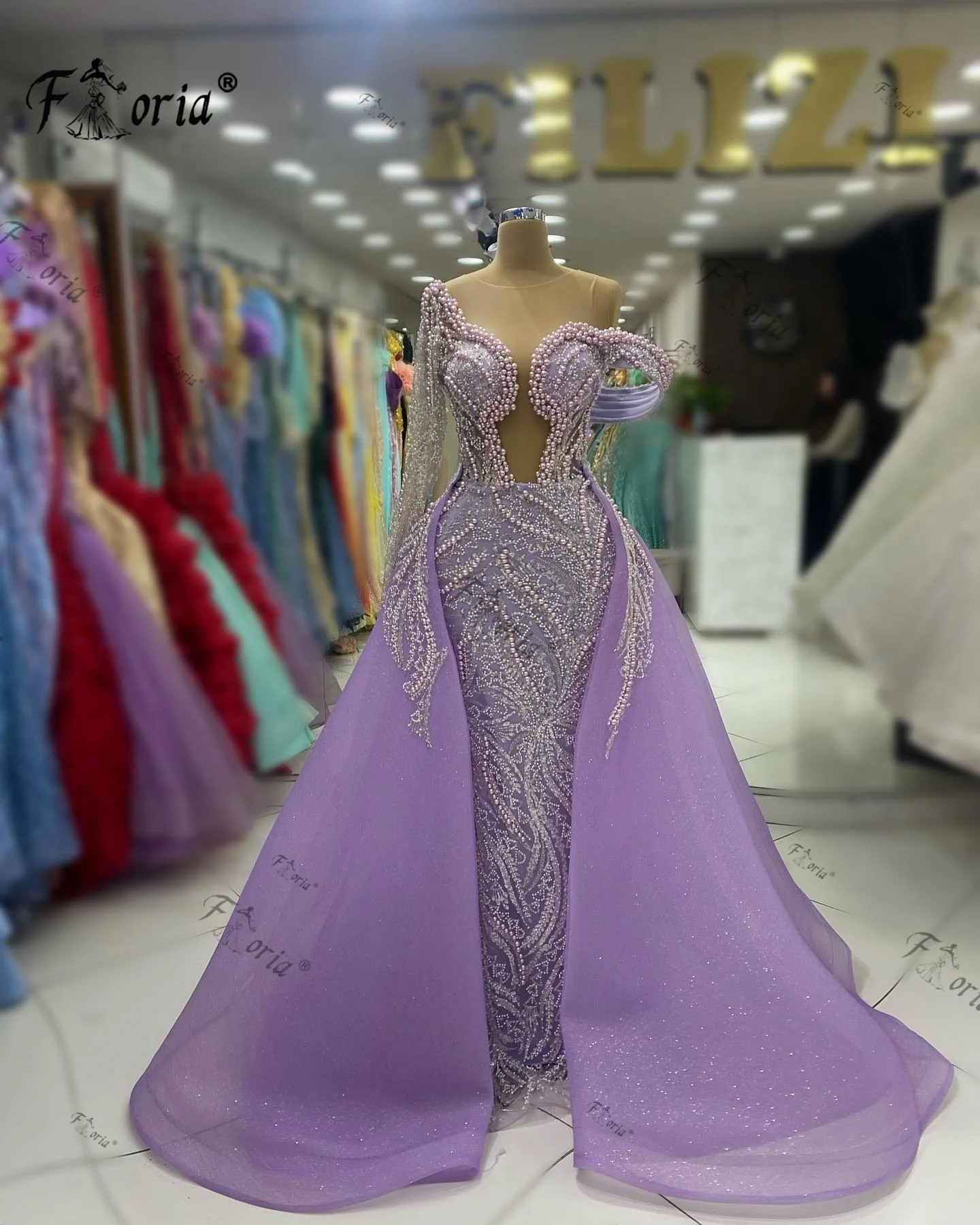 

Dubai Pearls Beaded Evening Dress with Overskirt Purple Mermaid Wedding Party Gown Formal Robes Arabic Woman Vestidos De Festa