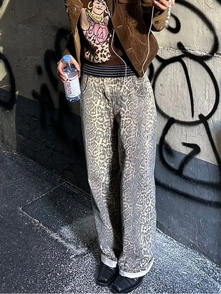 

American New Fashion High Street Vibe Baggy Jeans Men And Women Y2K Harajuku Hip-hop Cleanfit Leopard Print Pants Wide-leg Pants