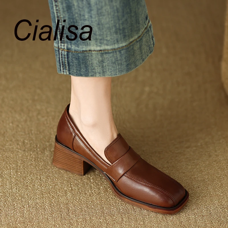 

Cialisa 2022 Autumn Winter Women Pumps New Square Toe Brown Genuine Leather Shoes High Heels Handmade Casual Ladies Footwear 40