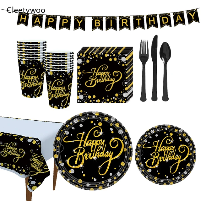 Paquet de décoration Happy anniversaire - décoration de fête - or noir blanc  - or noir