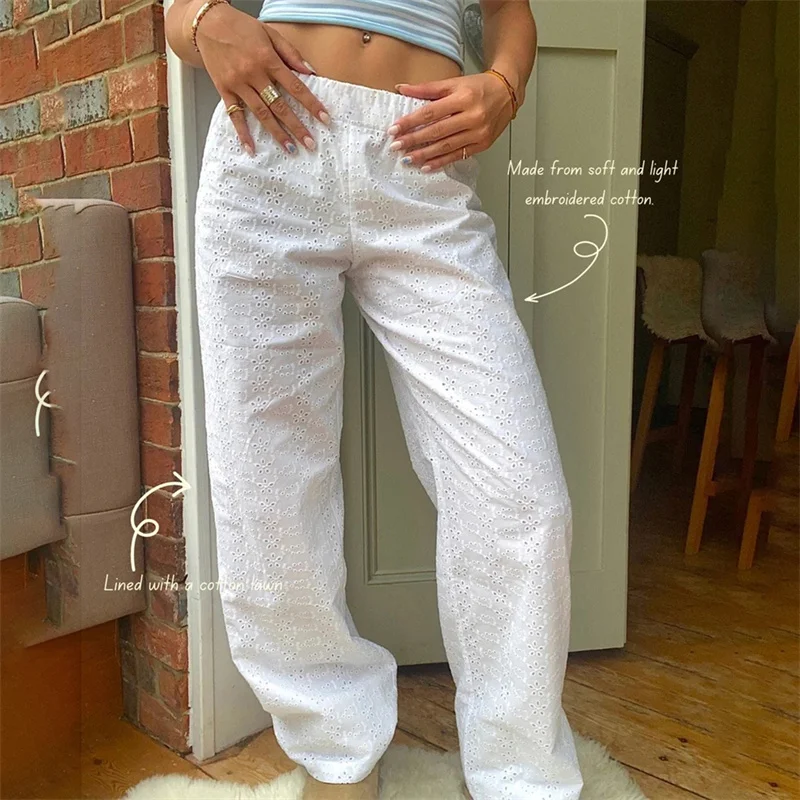 

Женские широкие брюки Y2K с вышивкой с ушками, винтажные Свободные повседневные брюки для отдыха с высокой талией и эластичным поясом в стиле палаццо, уличная одежда