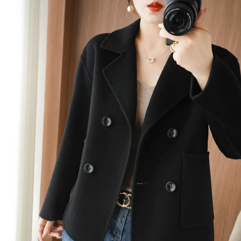 Women's Double-Sided Cashmere Coat, Loose Short Coat, Monochromatic Outerwear, Female Fashion, Temperament, Autumn, Winter,2024